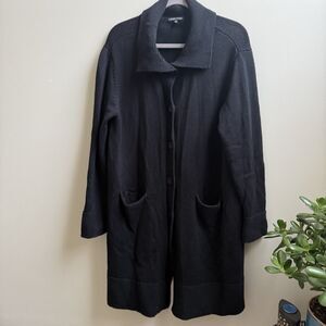 Eileen Fisher Italian Merino Wool Long Cardigan coat Black Knit Button Front XL